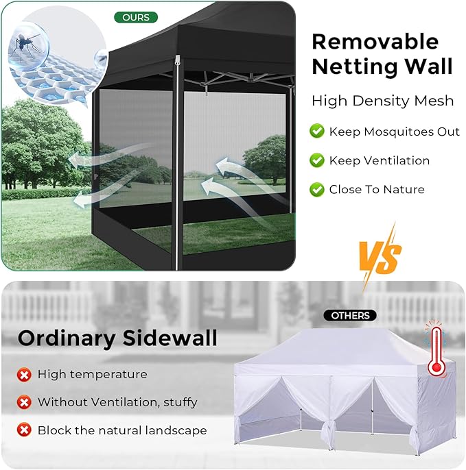 COBIZI 10x30 Heavy Duty Pop Up Canopy with 8 Sidewalls, Commercial Gazebo Party Tent with Mosquito Netting Wall Easy Set Up Outdoor Instant Screen Tent for Backyard, Patio, Garden, Black