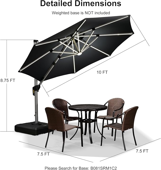 PURPLE LEAF 10ft Solar powered LED Patio Umbrella Outdoor Round Umbrellas Large Cantilever Umbrella with LED lights Windproof Offset Heavy Duty Sun Umbrellas for Garden Deck Pool Patio, Grey