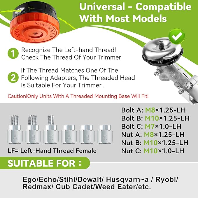 KAITAI Universal Weed Eater Head Replacement-Fit Left-Hand Thread,Easy Feed Trimmer Head Weed Wacker Head for Echo,Ego,Dewalt 20V,Stihl,Ryobi,with 14ft 095" Trimmer Line,6 Adapts,Simple Tap & Go