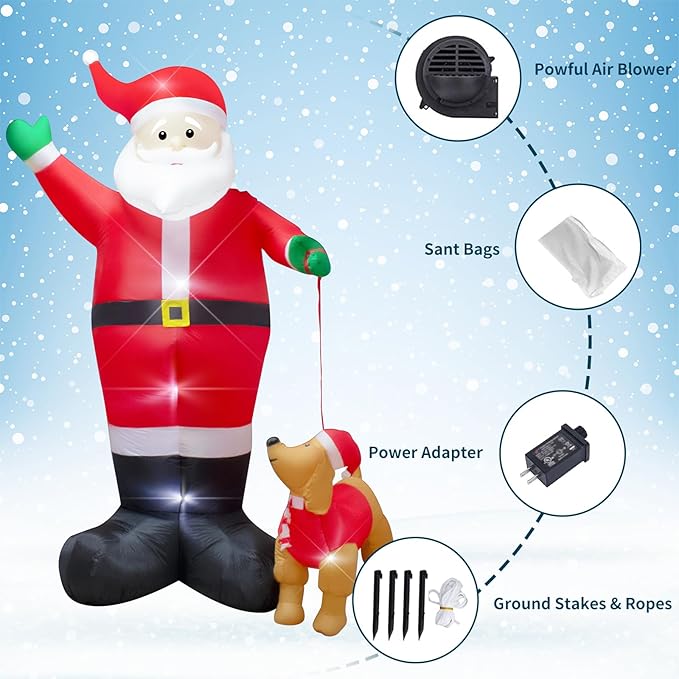 12 Foot Inflatable Christmas Santa Claus with Dog Outdoor Decoration LED Lights Blow up Santa Claus for Lawn Garden Christmas Party Holiday Decor Easy Setup and Storage