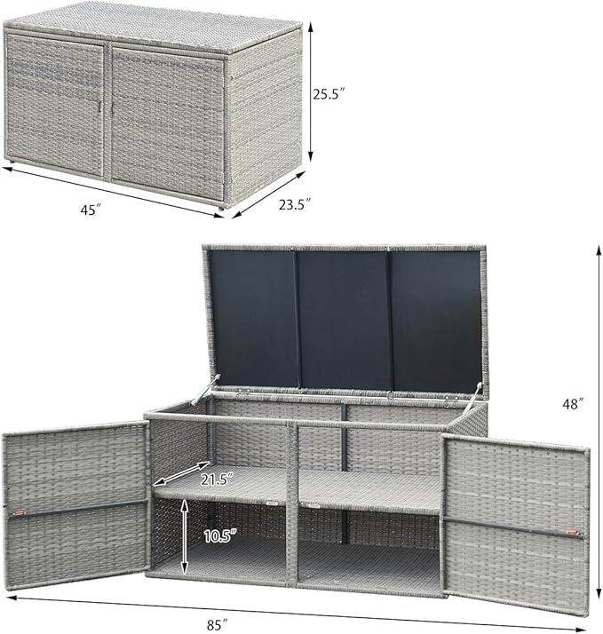 Tangkula Outdoor Wicker Storage Box, Garden Deck Bin with Steel Frame, Rattan Storage Box with Lid, Ideal for Storing Tools, Accessories, 88 Gallon Capacity (Grey)