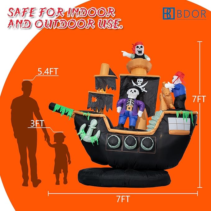 Bdor 7FT Skeletons Ghosts on Pirate Ship Halloween Inflatables Halloween Decorations with Built-in LEDs, Weight Bag, Fan, Stakes Strings, Halloween Decorations Outdoor for Front Yard, Porch, Lawn