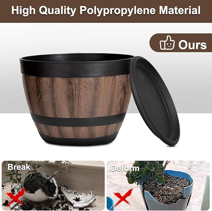 6 Pack Plant Pots with Drainage Holes, Include 3 Each of 16/12 inches Flower Pots with Saucers, Plastic Imitation Wine Barrel Design for Indoor Outdoor Garden Home Plants