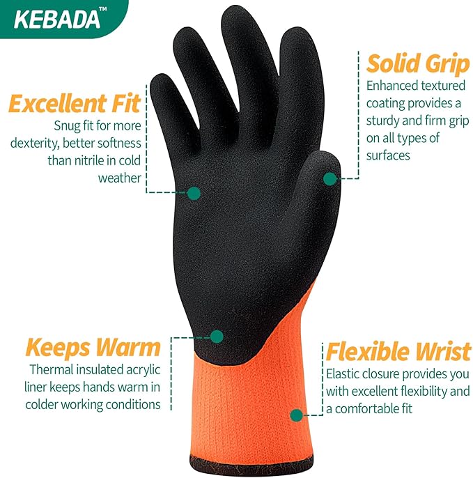 Kebada T3 Winter Work Gloves for Men and Women, Warm Knit Cold Weather Work Gloves, Thermal Insulated Freezer Gloves, 100% Latex Coating Non-slip Grip, Long Wrist Design, 1 Pair, Orange, X-Large