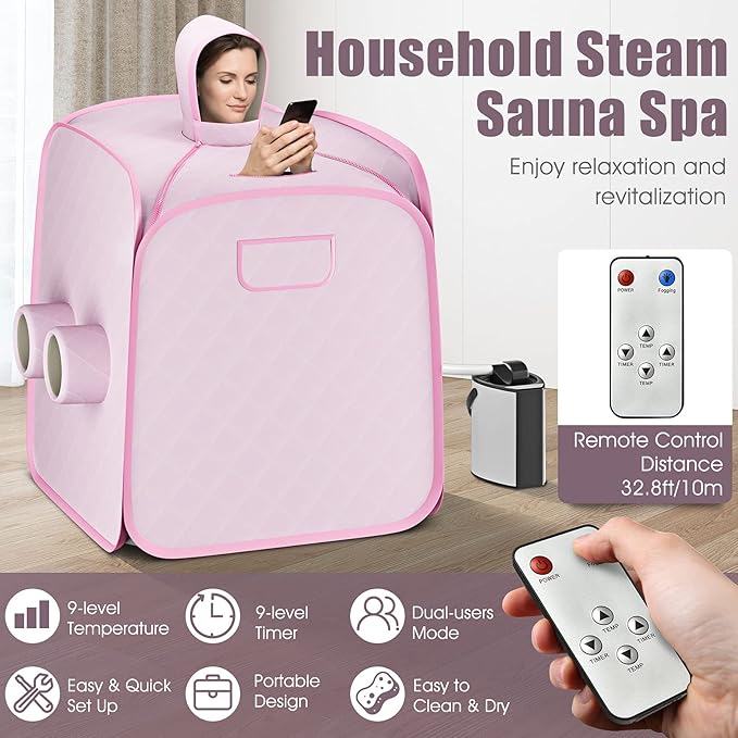 COSTWAY Portable Steam Sauna, Remote Control, 3L Steamer, Foldable Sauna Spa with 9 Temperature and 90 Mins Timer, Atomization, Personal Sauna Hat Tent for Detox Relaxation (Pink)