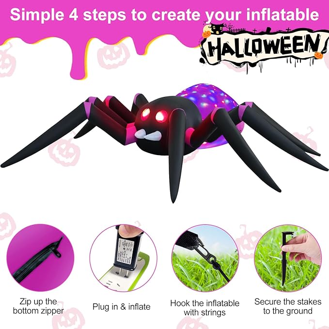 12ft Purple Spider Halloween Inflatable Outdoor Decoration, Yard Decorations with LED Lights for Outdoor Lawn, Garden, Home Holiday Party