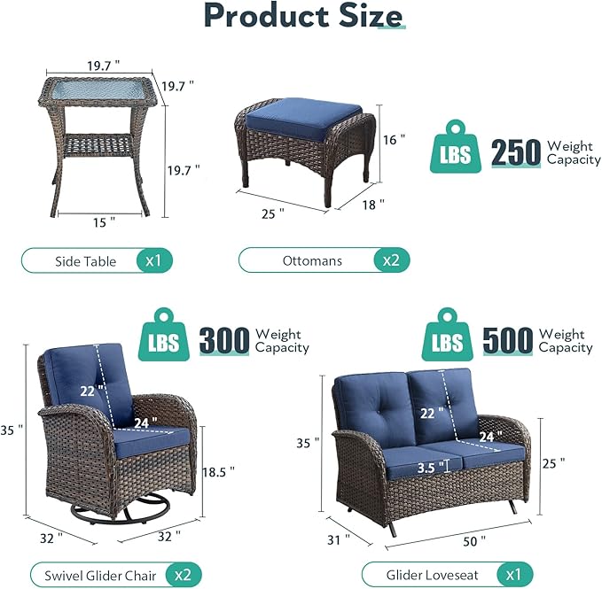 Outdoor Swivel Glider Rocker Chairs Set- 6 Piece Patio Furniture Set with A Glider Loveseat, Tempered Glass Side Table and 2 Ottoman, for Balcony, Porch - Brown Wicker, Blue Cushion