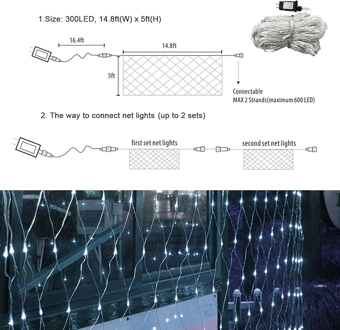 300 LED Net Lights for Bushes, 14.8ft x 5ft 8 Modes Christmas Outdoor Mesh Lights Connectable, Waterproof Decorative String Light Plug in for Xmas Tree Garden Wedding Party (Clear Wire, White)