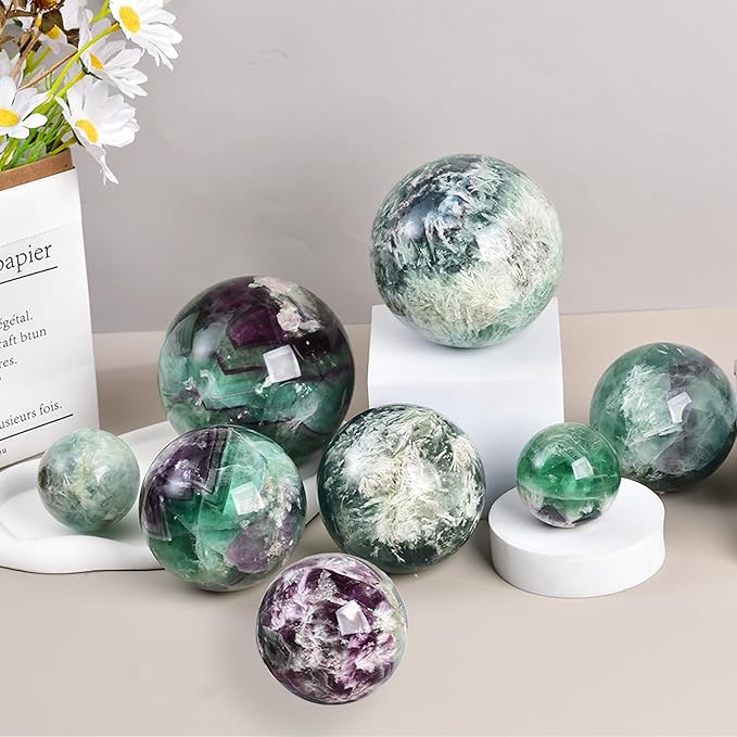 JIC Gem 3.1-3.5 inch(80-90mm) Large Crystal Ball Feather Fluorite Healing Crystals Sphere with Wooden Stand Meditation Home Decor