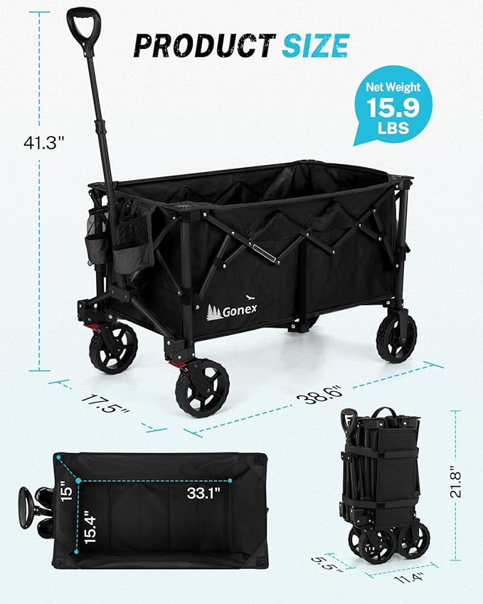 Gonex 38''L Collapsible Foldable Wagon Cart with 360lbs Weight Capacity, 220L Folding Utility Garden Cart with Detachable Wheels for Grocery Sports Shopping Camping - Black
