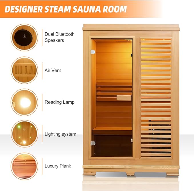 Indoor Traditional Steam Sauna 2 Person, Canadian Hemlock Saunas, 4.5KW Harvia Heater, 220V,Fence Design, Better Sealing, Left Door(0-195℉) (with Door Fence)