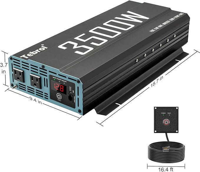 3500W Pure Sine Wave Inverter 12V DC to 110V AC Converter for Home, RV, Truck, Off-Grid Solar Power Inverter with Built-in 5V/2.1A USB, AC Hardwire Port, Remote Controller