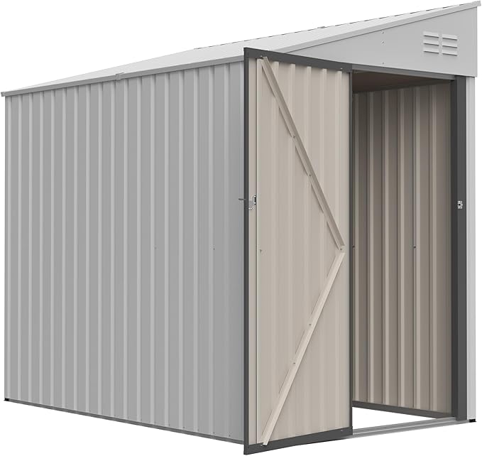 4x8 FT Outdoor Storage Shed,Lean to Lockable Metal Garden Shed Steel with Reinforced Beams,All Weather Waterproof Storage House W/Lockable Door&2 Air Vents,for Backyard,Patio,Lawn,Garden,White