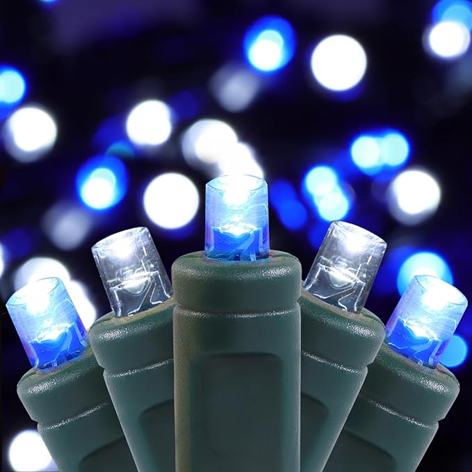 50 LED 5MM Blue and Cool White Christmas Lights, 17FT Indoor/Outdoor String Light, Mini Lights for Garden, Patio, Christmas Trees - Green Wire, Commercial Grade, UL Listed