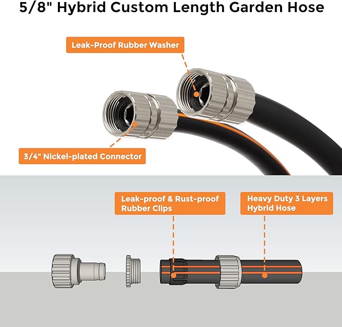 Giraffe Tools Leader Hose 8ft x 5/8", Custom Length, Heavy Duty, No Kink, Flexible, Rubber Garden Hose, Leakproof Water Hose with Female to Female Fittings, 600 Burst PSI