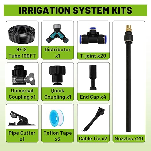 Garden Drip Irrigation Kit, 100ft Black Hose, 360° Adjustable Universal Nozzle, Patio Mist Plant Watering Sprinkler, Comes with Faucet Separator, Sprinkler Hose Adapter (Closeable nozzle-20)