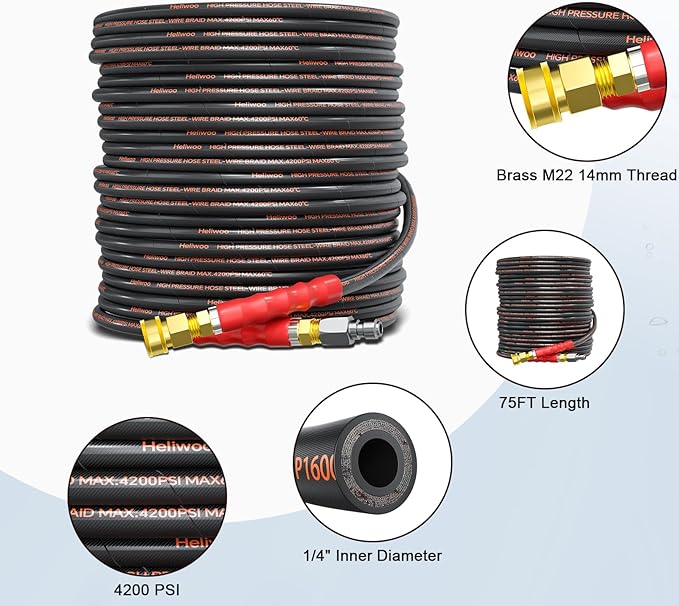 Pressure Washer Hose 75FT, 4200PSI High Tensile Wire Braid Kink Resistant Power Washer Extension Hose, 1/4" Flexible Replacement Hose with M22-14mm Brass Swivel Thread and 3/8 Quick Connect