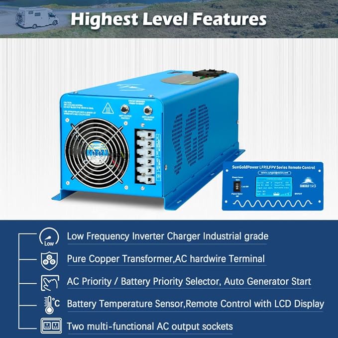 SUNGOLDPOWER 6000W 24 Vdc Inverter Charger,Peak 18000w,240 Vac Input, 120V/240V AC Output Split Phase,Low Frequency,Pure Sine Wave with LCD Remote Controller(Updated Version) Blue