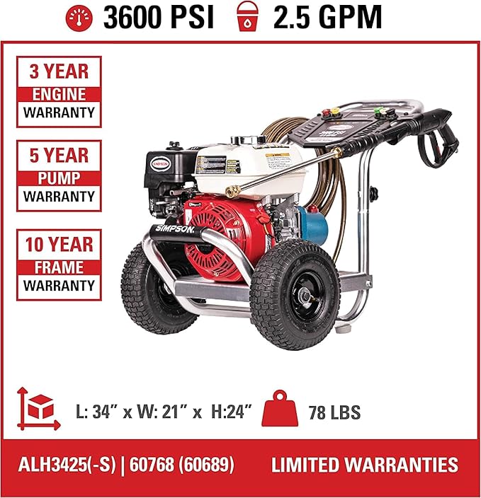 Simpson Cleaning 3600 PSI Gas Pressure Washer, 2.5 GPM Power Washer for Commercial Use, Honda GX200 Engine, 35-Foot MorFlex Hose, Aluminum Series, 49-State (ALH3425)