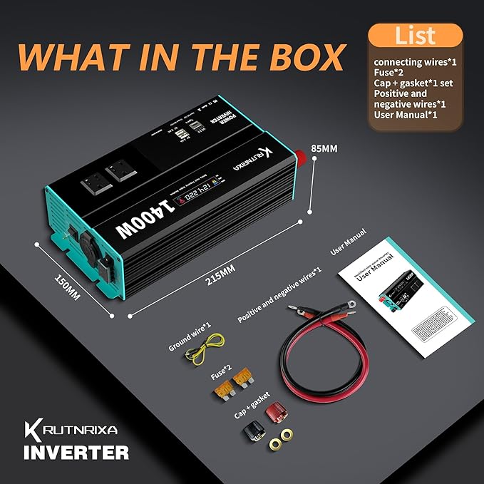 Power Inverters 12V DC to 110V AC Converter for Vehicles USB-C/PD 25W Fast Charging Ports Car Charger Adapter with a Cigarette Lighter Ports Plug Outlet (Modified sine wave-1400W)