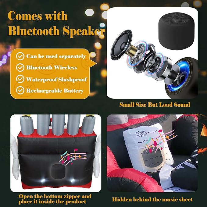 Bonus Bluetooth Speaker! 5.4x5.4FT Giant 3D Novelty Halloween Inflatable Skeleton Playing Piano with Build-in LED Lights and Bluetooth Speaker, Playing Music Remotely by Youself! Outdoor Indoor Decor
