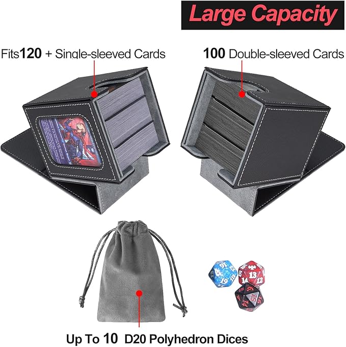 AFIING MTG Deck Box for Commander Display,Card Deck Box Fits 100 Double Sleeved Cards, Magic Commander TCG Card Storage Box with 2 Dividers,Drawstring Bag and 1 Toploader(Black/grey)