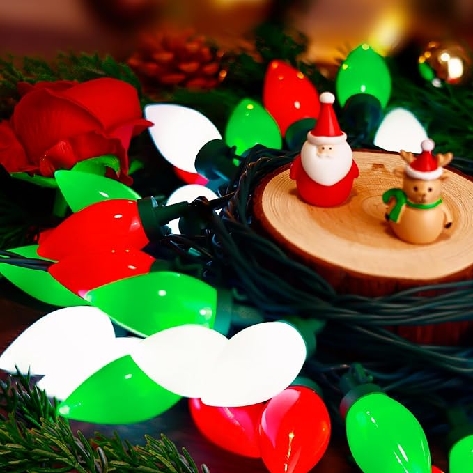 HAYATA C9 Big Bulbs Classic Christmas Lights 50 LED 32ft Strawberry String Light - Outdoor, Indoor, Garden, Yard, Party, Home, Wreath, Garland,Tree (Red White Green - 50LED)