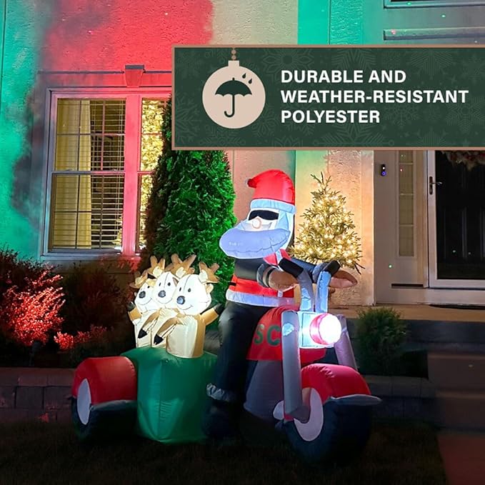 Fraser Hill Farm 6-Ft. Tall Santa on Motorcycle with Reindeer Sidecar Blow Up Inflatable with Lights, Outdoor Christmas Inflatable Decoration for Lawn and Yard, Giant Festive Holiday Decor