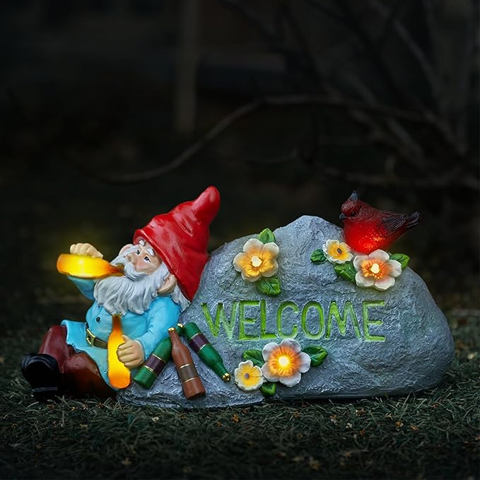 Funny Garden Gnomes Statue with Welcome, Solar Outdoor Gnomes Decorations for Yard, Patio, Lawn, Fathers Day Birthday Housewaming Gifts for Dad, Men, Husband, Grandpa, 11.8 Inch, Resin