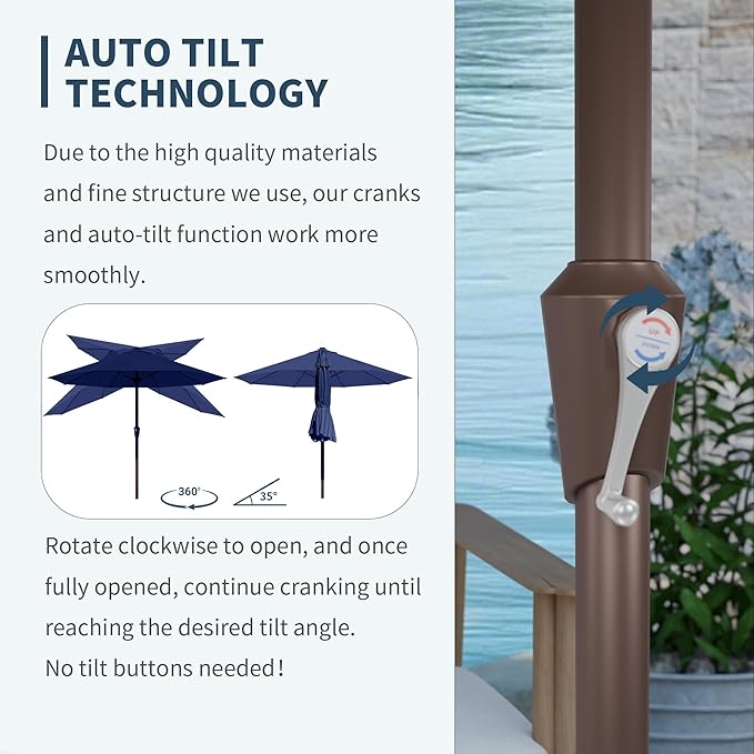 PatioKingdom Auto-Tilt 9FT Patio Umbrella Outdoor with 8 Sturdy Fiberglass Ribs,Market Table Umbrella for Pool,Backyard,Deck and Garden