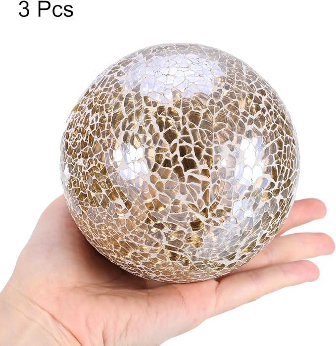 uxcell 4" Decorative Balls, 3 Pcs Mosaic Glass Balls, Decorative Table Sphere Orbs, Centerpiece Balls for Decorating Bowls Vase Tables Wedding Party, Gold