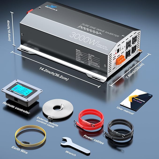 3000 Watt Pure Sine Wave Inverter 12v DC to 110v 120v AC Converter,6000W Peak Power Inverter with 4 AC Outlets,USB Port,Type-C,Remote Control LCD Display for Truck, RV, Vehicles, Solar Off-Grid