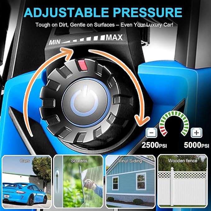Pressure Washer 5000 PSI Adjustable Pressure, Power Wahser Powered with 33ft Pressure Hose, 4 Nozzles and 500ml Foam Cannon, Cleaner Machine for Home, Car, Blue