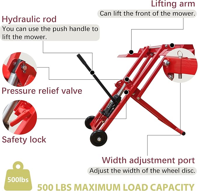 Lawn Mower Lift Jack 500LBS Capacity Hydraulic Cylinder Adjustable Height, Heavy Duty Zero Turn Mower Lift with Safety Lock & Wheels for Tractors, Atvs, & Lawnmower