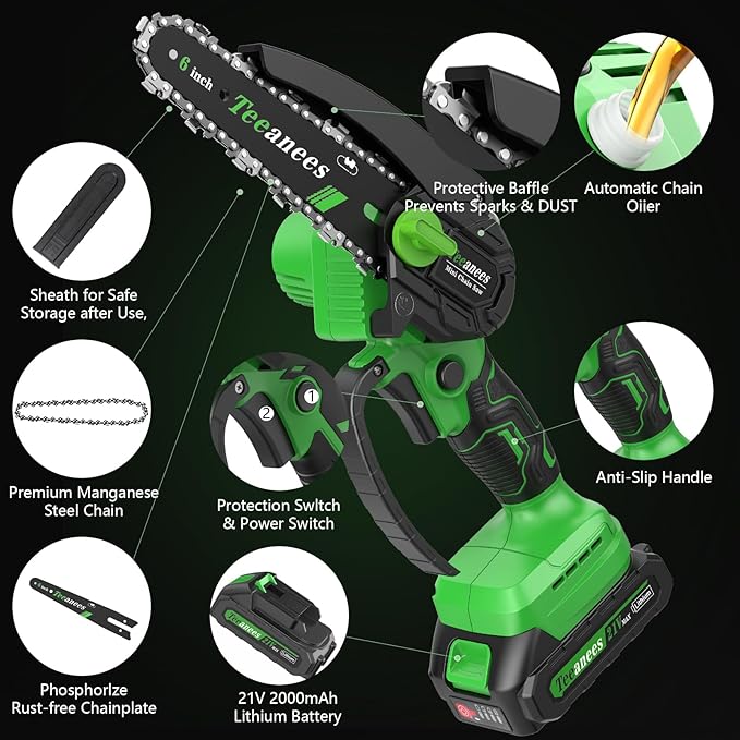 Mini Chainsaw Cordless 6 Inch, Electric Chainsaw Battery Powered with Auto Oiler, Security Lock for Wood Cutting, Tree Trimming, Garden & Household Use(2 Batteries)
