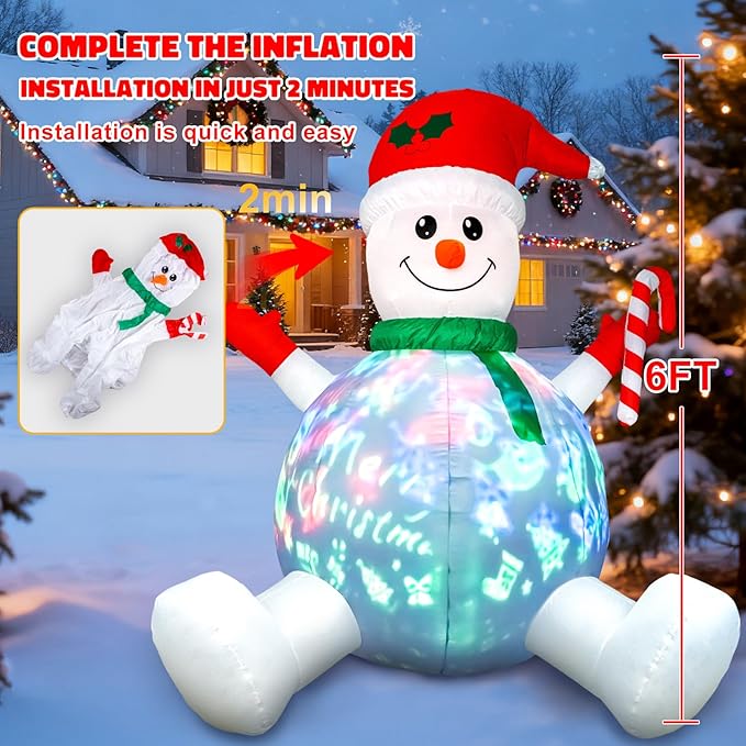 HFO 6ft Tall Christmas Inflatable Outdoor Decorations, Blow up Yard Decor with Christmas Snowman Sang Along with The Music Projection, Bright LED Lights Holiday Outdoor Decorations