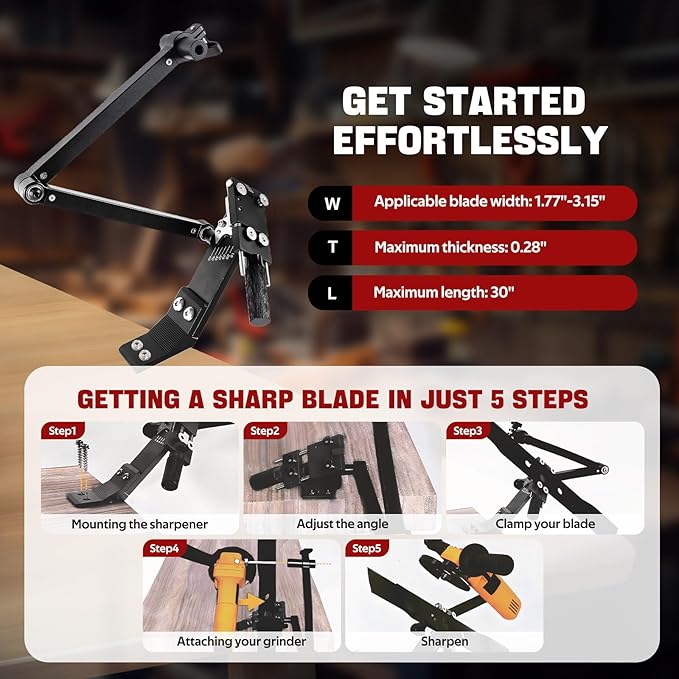 New Upgrade Large Size Mower Blade Sharpener 15°-45° Adjustable Frame with Ball Bearing 25mm Enlarged Handle Lawn Mower Blade Sharpener for Straight and Standard Lawnmower Blades- Black