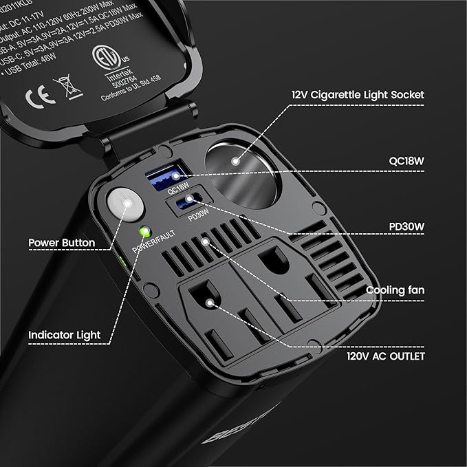 BESTEK 200W Power Inverter, 12V DC to 110V AC Car Plug Adapter Outlet Converter with [30W USB-C]/USB-Fast Charger(18W) / Dual AC Outlets/car Charger for Laptop