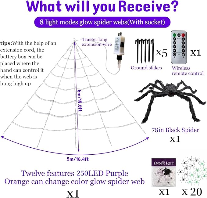 HBSTK 8 Modes 20 * 17FT Halloween Light Up Spider Web 250 Led Purple & Orange Lights Operated with 6.5Ft Giant Spider 200sqft Cobweb 20 Small Spiders for Indoor and Outdoor Decor Yard Decoration