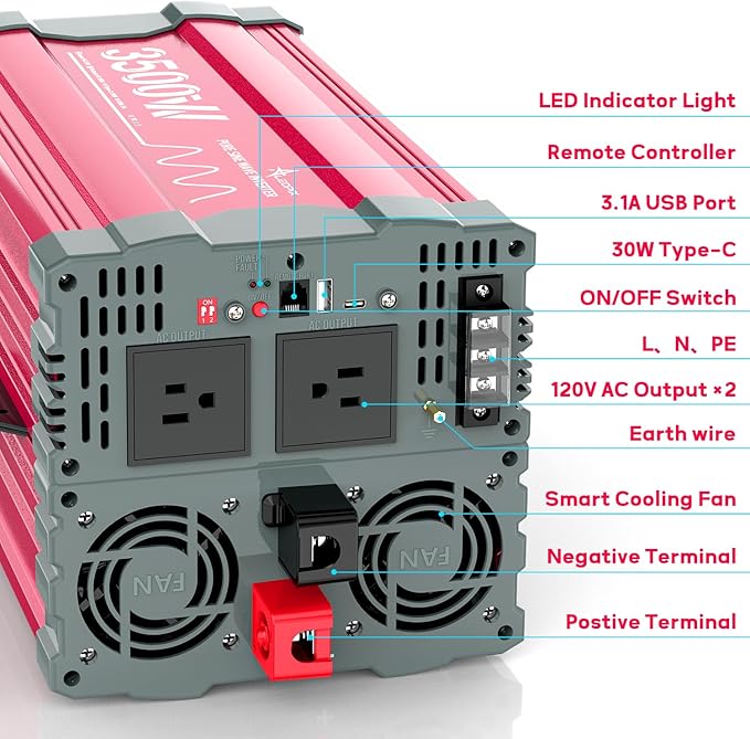 3500 Watt Pure Sine Wave Power Inverter 12V DC to 110V 120V Converter for Home, RV and Off-Grid Solar Systems with Type-C Port, 2 AC Outlets, Dual USB Ports, Remote Control with LCD Screen