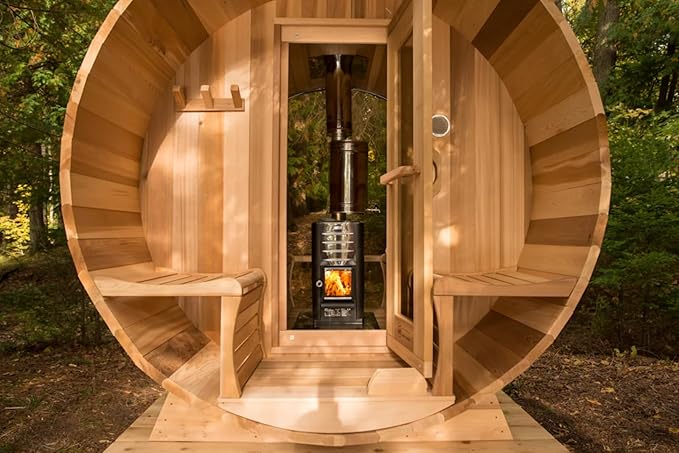 Smartmak Customized Outdoor Barrel Steam Sauna, 2-10 Person Canadian Hemlock/Red Cedar Traditional Wood Sauna Room with 220V ETL-Certified Heater, Backrest Headrest, Rocks, Light Accessories Included