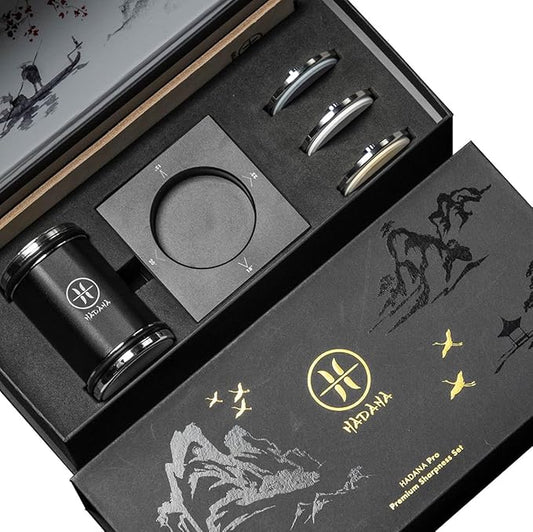 HADANA Rolling Knife Sharpener Set - All-in-One Professional Chef Knife Sharpener Kit with Diamond and Ceramic 5 Whetstone - 4 Angles Sharpener for Kitchen with Magnetic Knife Fixing Stand