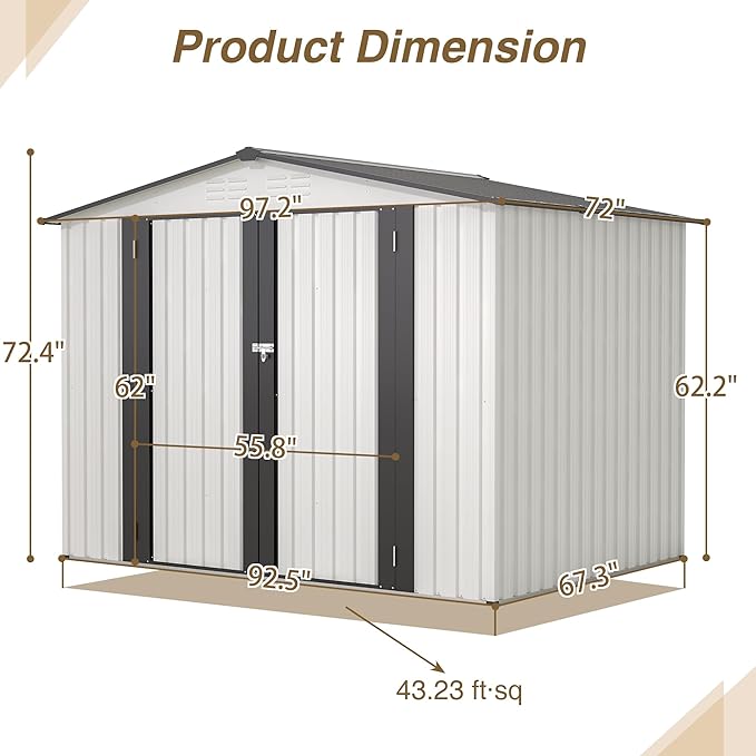 Spacious 8 x 6 ft Outdoor Storage Shed, All Weather Metal Sheds with 2 Lockable Doors, Tool Shed for Garden, Backyard, Lawn,White