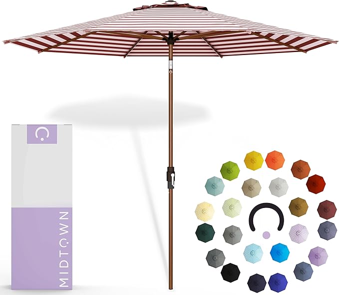 Midtown Umbrellas Wooden 2-8 Feet Outdoor Patio Umbrella, Terylast Red & White Stripes Fabric, Aluminum Frame For Backyard Umbrella, Deck Umbrella, Garden Umbrella & Pool Umbrella - Wooden Pole
