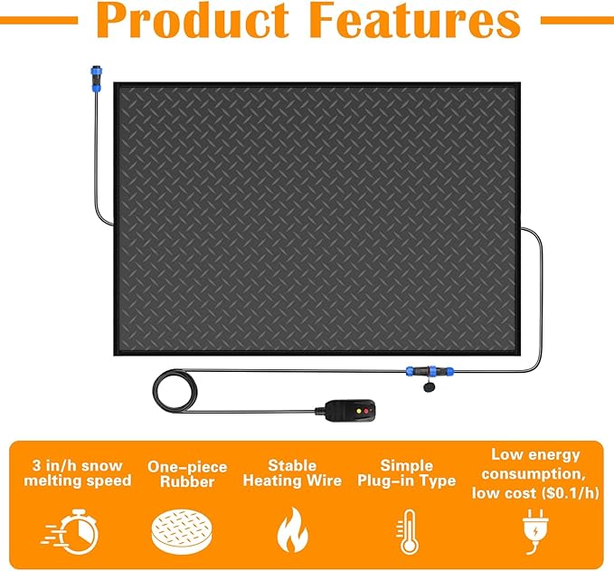 Snow Melting Mats Outdoor for Entrances, 40 x 60 in No-Slip Rubber Heated Outdoor Mats with 10 ft Power Cord, 3 in/h Speed Snow and Ice Melting Pads for Winter Roofs, Backyards Snow Removal