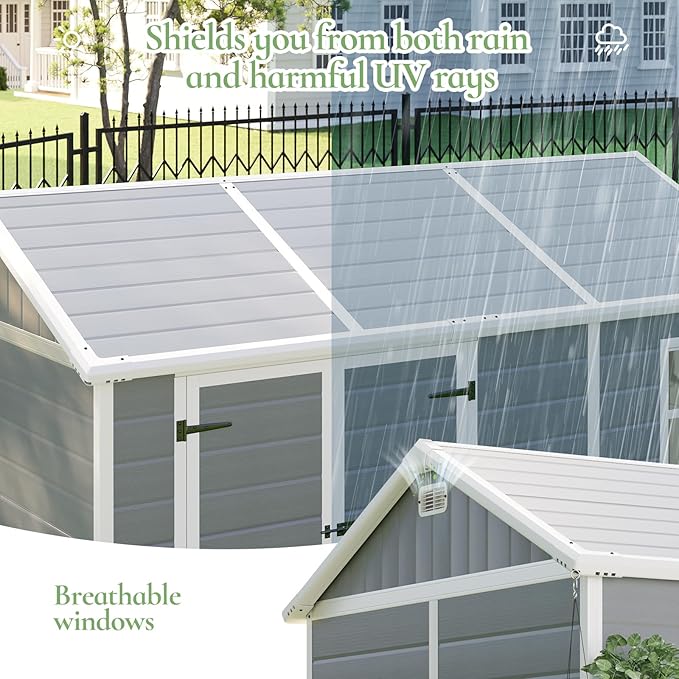 10.5x7.6x7.5 ft Outdoor Resin Storage Shed with Floor, Windows & Air Vents, Large Waterproof Tool Shed for Backyard, Garden, Lawn Equipment & Bikes, Grey