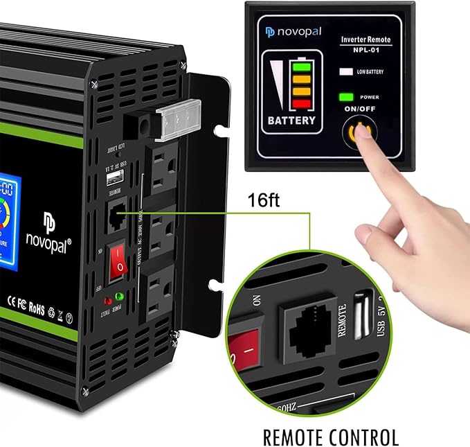 NOVOPAL 3000 Watt Pure Sine Wave Power Inverter 24V to 110V 120V Rv Inverters with 3 AC Outlets,High Power AC Terminal-16 ft Remote Control, LCD Display for Truck, Hurricane, Home