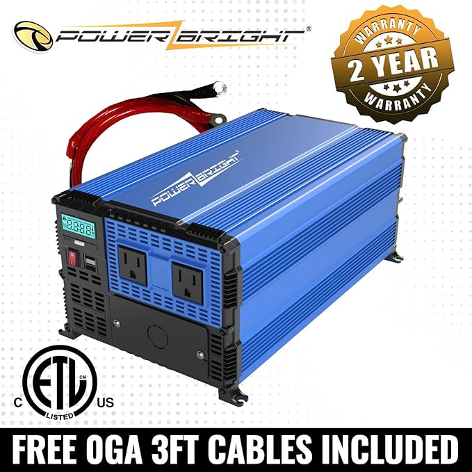 PowerBright 3000 Watts Power Inverter 12V DC to 120V AC Converter for RV, Truck, Off-Grid Inverter, Easy to Install Car Inverter, Dual 110V AC Outlets - Installation Kit Included - ETL Approved