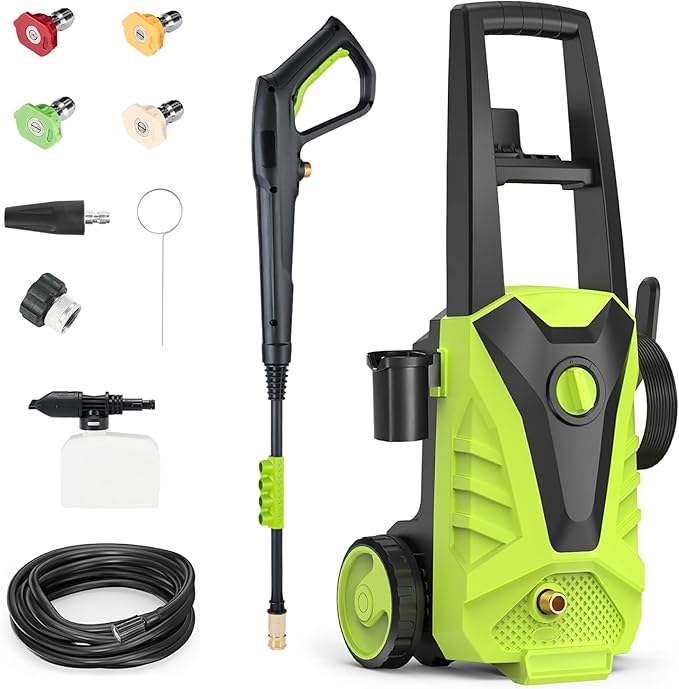 Pressure Washer Upgraded, 2100PSI, 26" Tall, 4 Quick Connect Nozzles,Inlet Hose&Filter, 6 Spray Modes for Cars/Fences/Driveways/Home Cleaning, Green