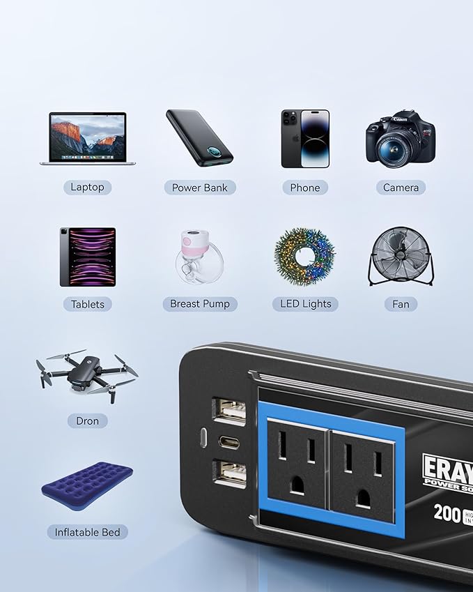 ERAYAK 200W Car Power Inverter, 12V to 110V Cigarette Lighter Adapter to Wall Plug, with AC Outlets & USB C Fast Charger, Car & Truck Accessories for Road Trips